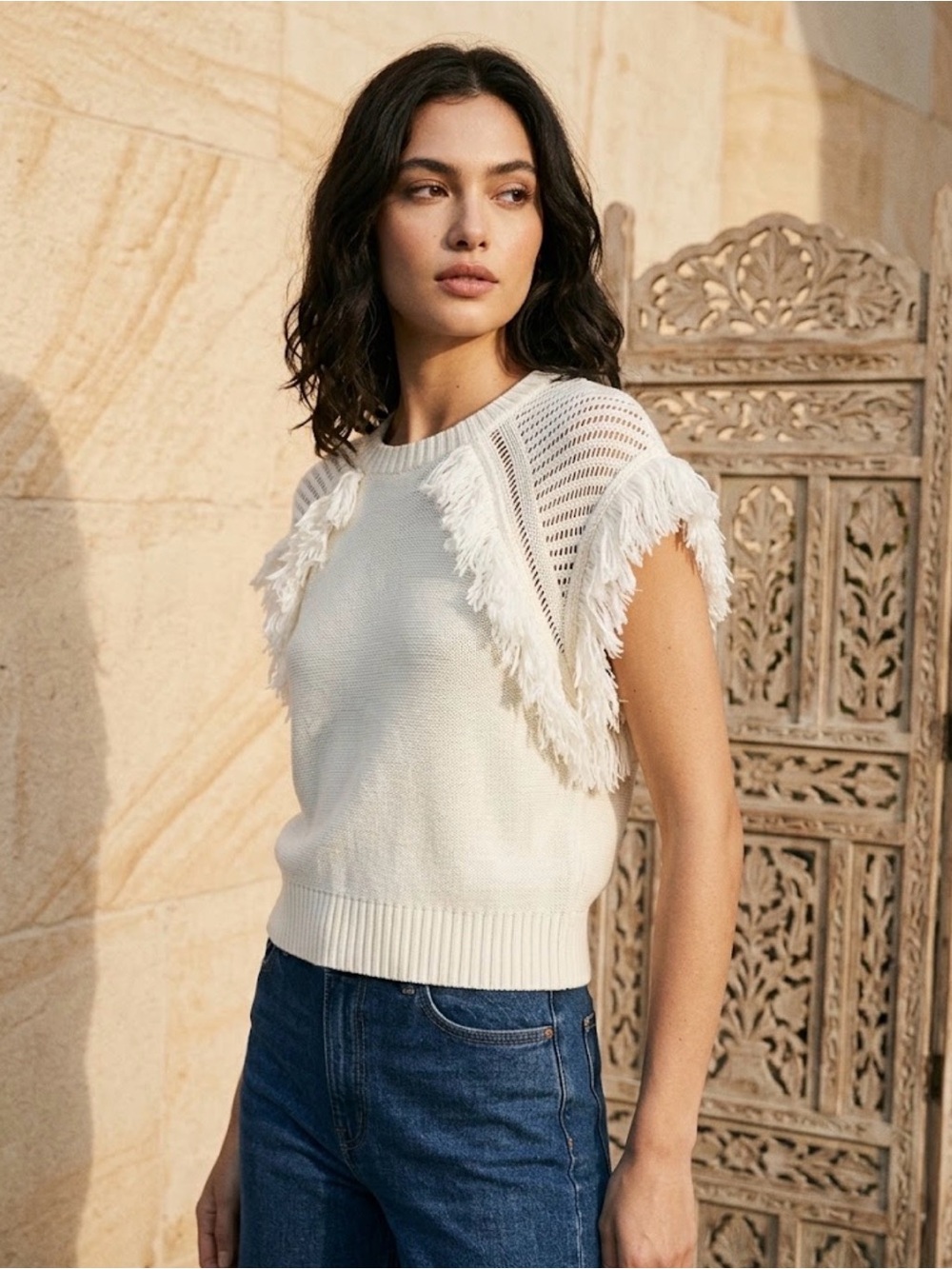 BCBGMaxAzria Off White Fringe-Trimmed Knit Cap Sleeve Sweater -Sz XS